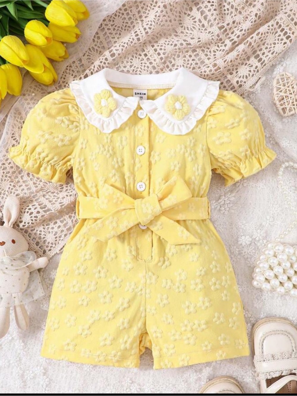 SHEIN New Yellow Floral Textured Romper with White Peter Pan Collar size 18-24